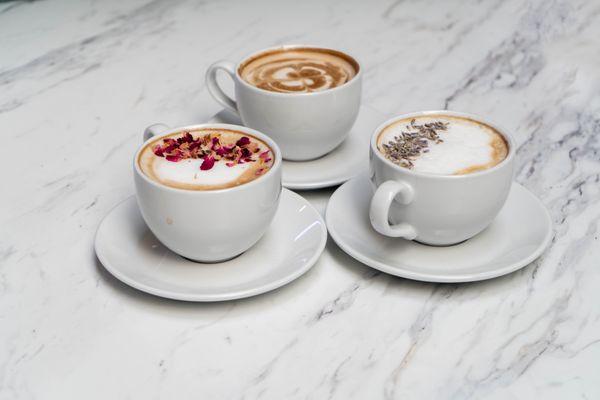 Make your mornings brew-tiful with one of our lattes, including rose and lavender flavors.