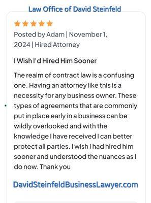 Glowing client review of Board Certified expert business litigation lawyer David Steinfeld www.DavidSteinfeldBusinessLawyer.com