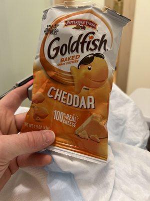 And who doesn't like cheddar gold fish crackers? This was my snack after the procedure. Takes me back to being a kid.