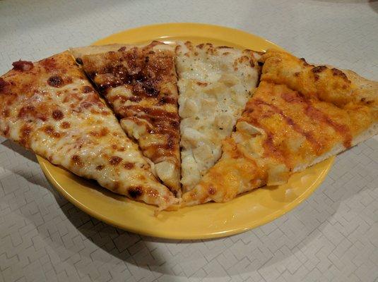 From left: cheese, BBQ chicken, chicken Alfredo, buffalo chicken