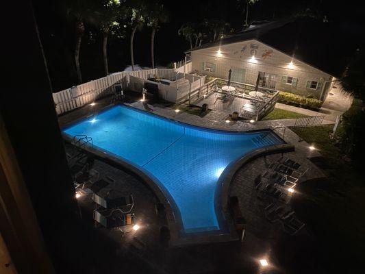 Swimming pool paver brick sized LED low voltage lighting around pool deck area, Installed by River Electric LLC.