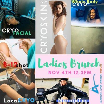 Ladies Brunch Event! Nov 4th 2018, 12pm - 3pm. Discount on selected services and a live demo of a Cryoskin 2.0 slimming session. Raffle!!!!!