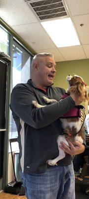 William and Chica having a stare down @John Mario's Barber Shop 60 South Stephanie Street ,Henderson , Nevada 89012 , call 702-564-4193