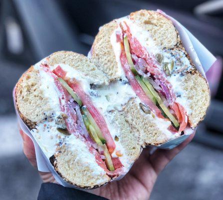 The Royal Palm - smoked salmon with cream cheese, cucumbers, red onions and capers on and everything bagel