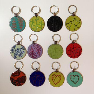 Enameled keychains.