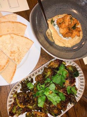 fried chicken hummus, brussel sprouts