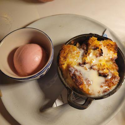 Bread pudding with raspberry sorbet