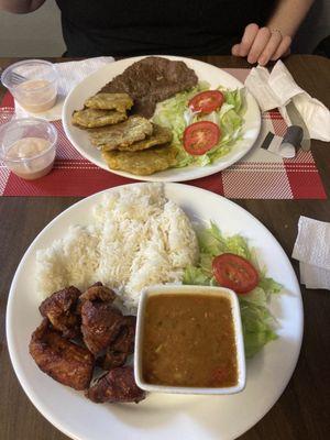 Carne frita, streak, beans, tostones, salad