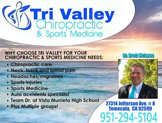 Dr Mclaws has served the area since 2000, teaching people how to live a pain free life. Call 951-294-5104.