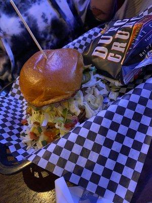 Nacho Burger served with side of chips.