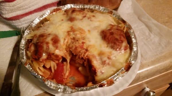 Close up of Shrimp Parm over penne then broiled....HUGE!! $12.95 comes w/Side salad & mini loaf of bread