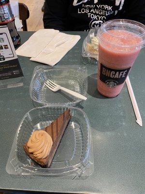 Godiva cheesecake and blended strawberry lemonade