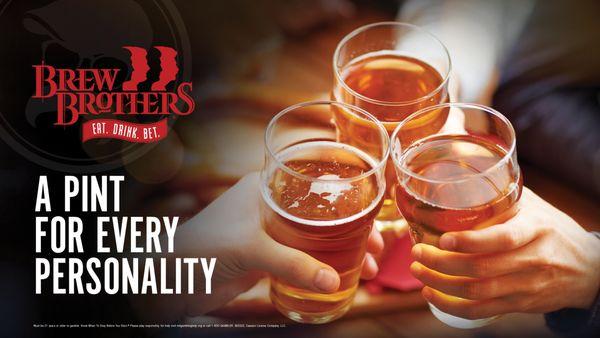 3 glasses of beers toasting. A Pint for Every Personality at Brew Brothers in Horseshoe Black Hawk