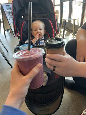 4 berry smoothie and hot chocolate, and our cute baby