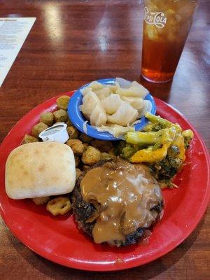 Lunch special, hamburger steak (fresh ground beef), with onions and gravy, fried okra, steamed cabbage  and broccoli casserole..$10.99