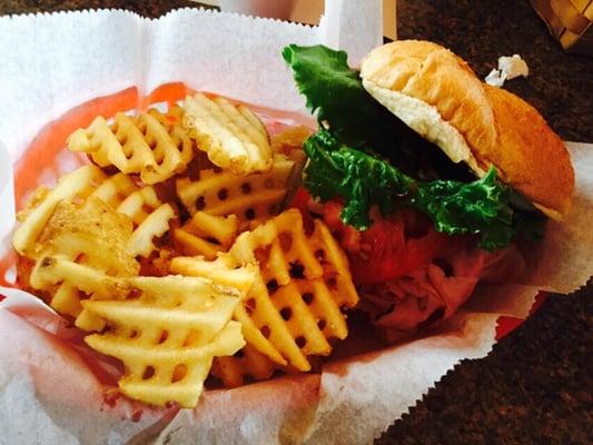 Bull Hog burger with waffle fries