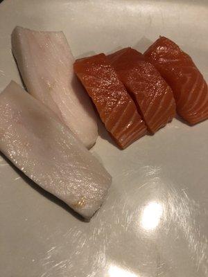 Deliciously thick sashimi (white tuna and salmon).