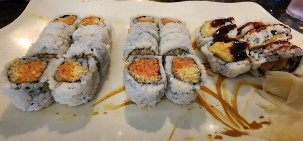 Spicy tuna, spicy salmon, and banana tempura