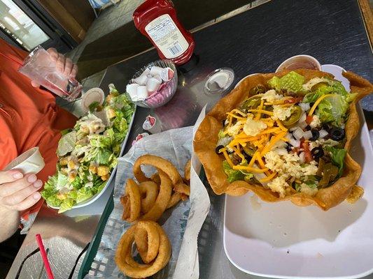 Caesar salad, taco salad, onion rings