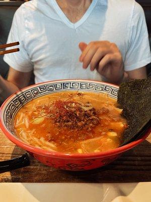 Spicy Tan-Tan Ramen (ground pork, bean sprout, bamboo shoots, corn, leeks and nori)