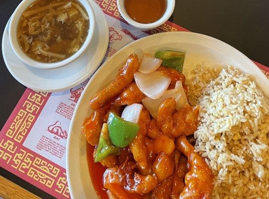 sweet and sour chicken with house fried rice, spring roll and Hot & Sour Soup