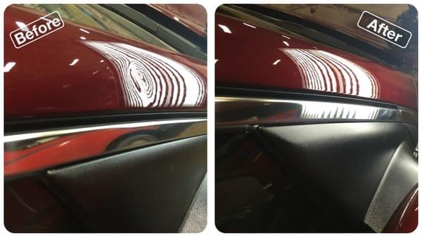 Dent on a 2016 Chrysler 200, pillar. Paintless dent removal.  Springfield Illinois 217Dent.com