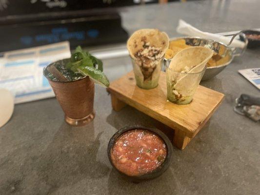 Mexico City Mule, Taco Shooters (Guajillo Citrus Chicken) & the chips & salsa they give when asked.