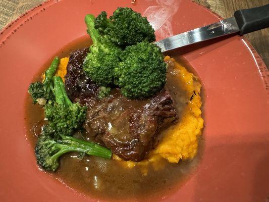 Smoked and braised, short rib with sweet potato mash, gravy, and broccolini