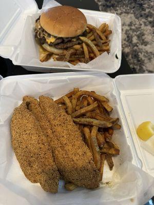 2 catfish basket and double burger