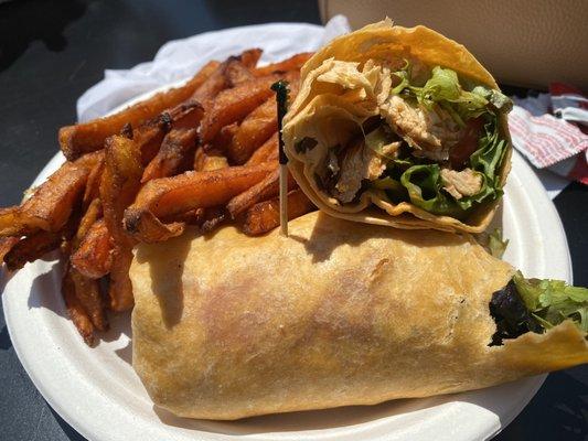 Buffalo chicken wrap (grilled) sweet potato fries