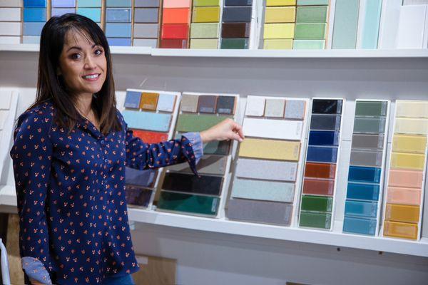 Fireclay tile glass, ceramic, and brick colors on display