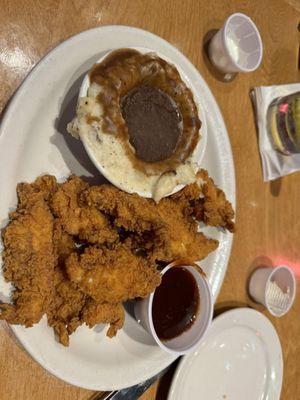 Chicken Critters with Mashed Potatoes and brown gravy