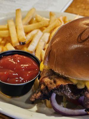 The Smokey Mountain BBQ Burger with French Fries and Ketchup.