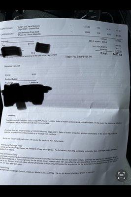 Detailed bill showing we were charged for phone cases, protective screens, and charging box plug, even though Lydell Hill said they are FREE