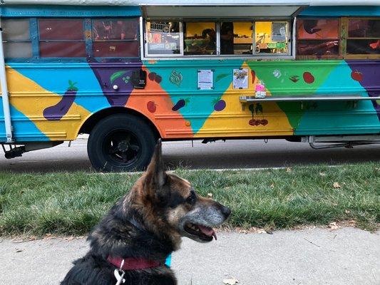 Luna and I awaiting at the Veggie Thumper truck