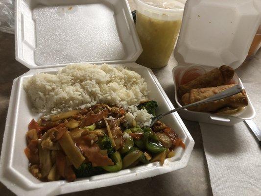 Chicken with garlic sauce, medium spicy. Egg rolls and egg drop soup.