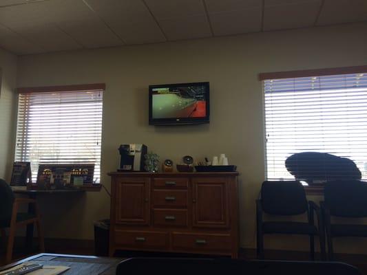 Waiting room. Keurig, goldfish, cookies and ample seating.