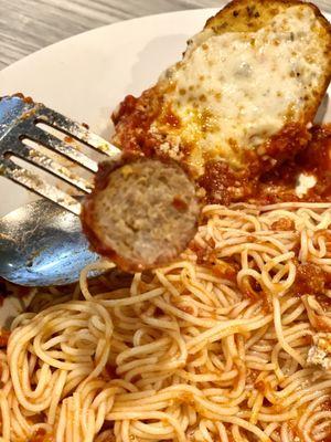 Angel Hair Pasta with Meat Sauce, Sausage and cheesy Garlic Bread, ONLY $12.00!!