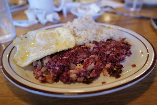 Lola Cora's Corned Beef Hash and Eggs with garlic rice