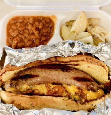 Single Bratwurst Combo: Baked Beans and Potato Salad - tasty!