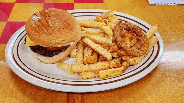 Cheeseburger & Fries with an Onion Ring