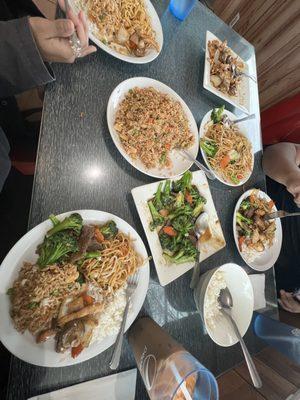 chicken fried rice, vegetable chow mein, mushroom chicken, broccoli beef, and steamed rice