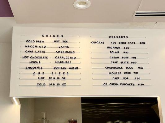 Menu sign board (Sept 2024) - zoom in for details & prices - $4 per cupcake. Hmm - overrated, frosting WAY TOO SWEET  :(