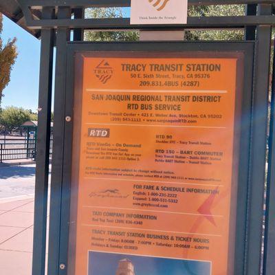 Tracy Trasit Station Info sign outside.