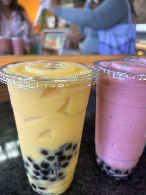 Mango Smoothie with boba, and strawberry smoothie with boba