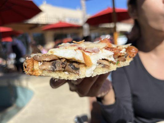 Mushroom, tomato, egg, cheese sandwich cross section