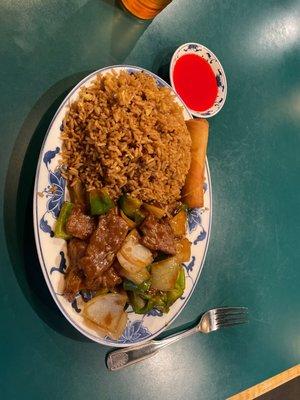 Beef with Peppers and Onions, Fried Rice, Egg Roll. All very tasty and the serving is huge.