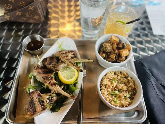 Lamb chops, dirty rice and skillet potatoes with Beltline drink