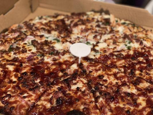 BBQ chicken and Chicken Alfredo Pizza