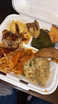 Mac & cheese  Greens  Spaghetti  Dressing  Yams  Baked chicken  Corn beard  Smothered pork chop